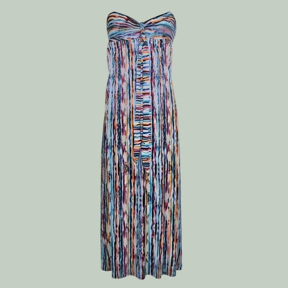 Boho Flowy Striped Strapless Smocked Maxi Dress Womens L Multi-Color Xhilaration